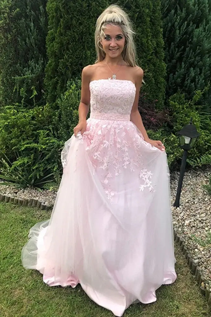 Blushing Pink A-Line Tulle Strapless Party Dresses with Appliques