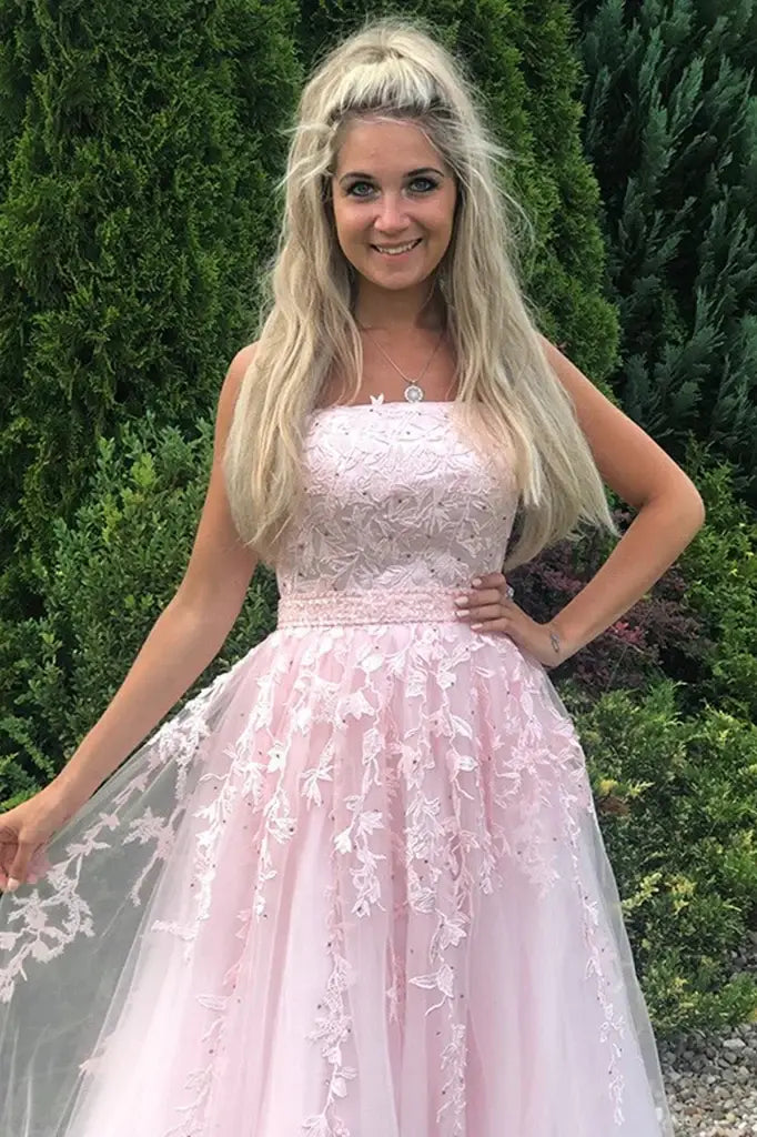 Blushing Pink A-Line Tulle Strapless Party Dresses with Appliques
