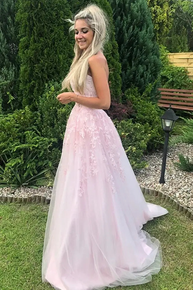 Blushing Pink A-Line Tulle Strapless Party Dresses with Appliques