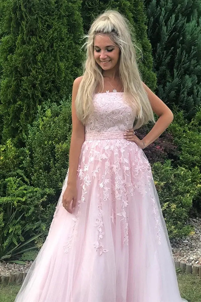 Blushing Pink A-Line Tulle Strapless Party Dresses with Appliques