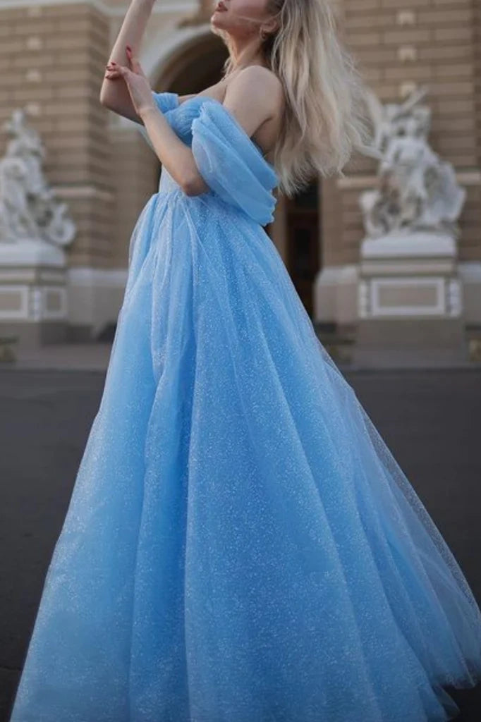 Blue Sequined Off-The Shoulder A-Line Tulle Evening Dresses with Slit