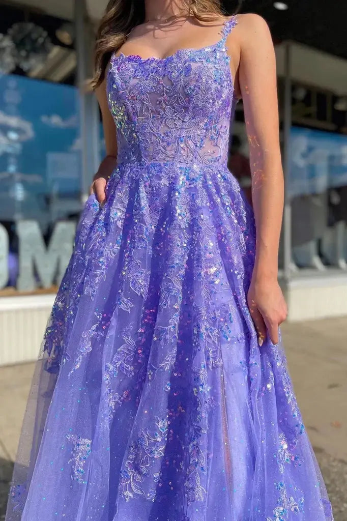 Lavender Spaghetti Straps Backless A-Line Tulle Party Prom Dresses with Slit