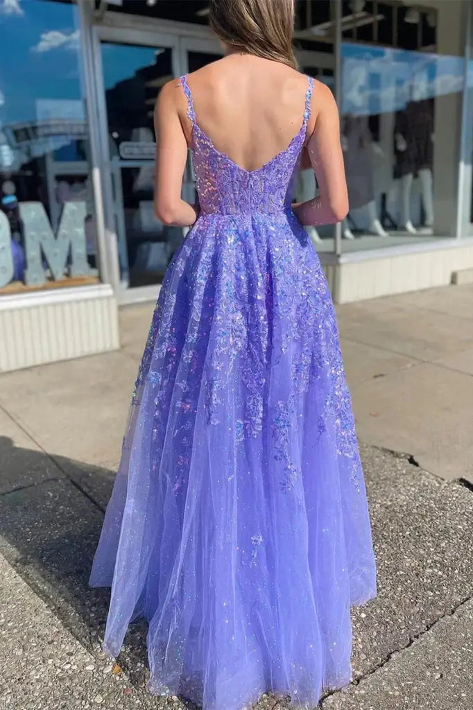 Lavender Spaghetti Straps Backless A-Line Tulle Party Prom Dresses with Slit