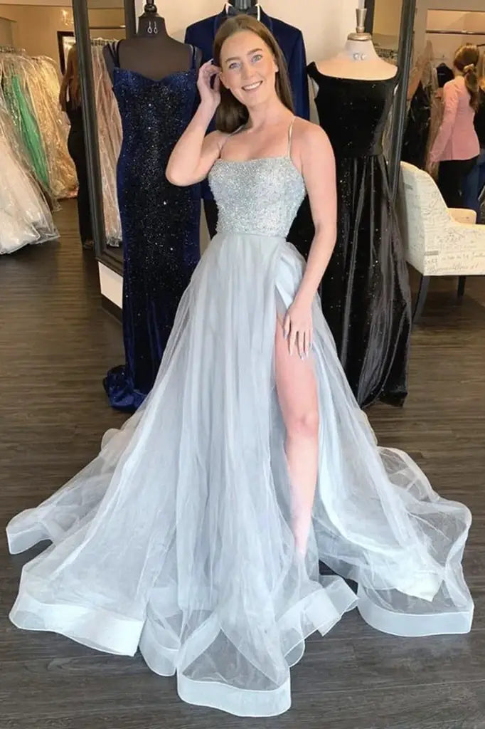 Spaghetti Straps A-Line Tulle Formal Dresses with Slit
