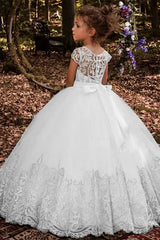 White Capped Ball Gown Tulle Flower Girl Dresses with Appliques
