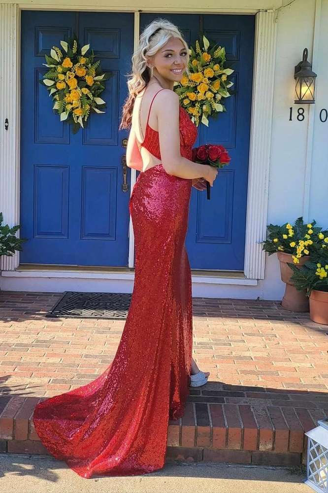Rerd Sequined Spaghetti Straps Mermaid Party Dresses with Slit