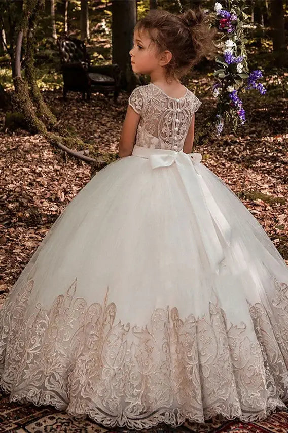 Capped Ball Gown Tulle Flower Girl Dresses with Appliques