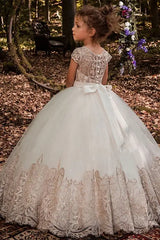 Capped Ball Gown Tulle Flower Girl Dresses with Appliques