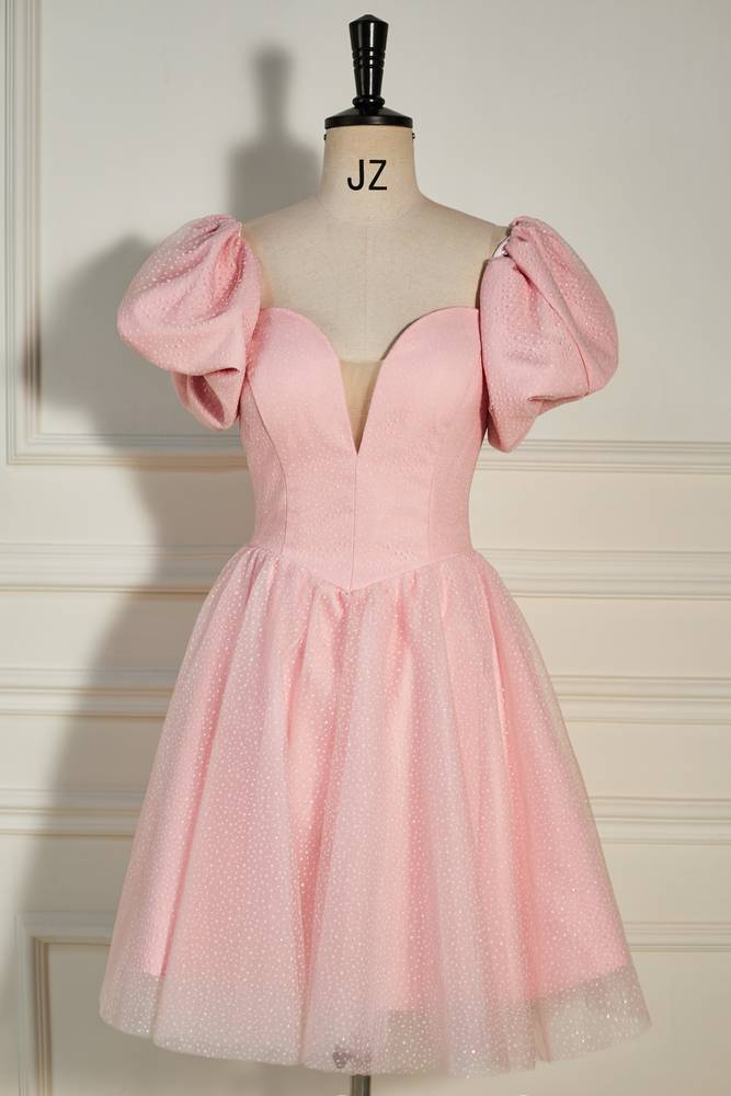 Candy Pink V-Neck Short Sleeves Satin Lace Homecoming Dresses