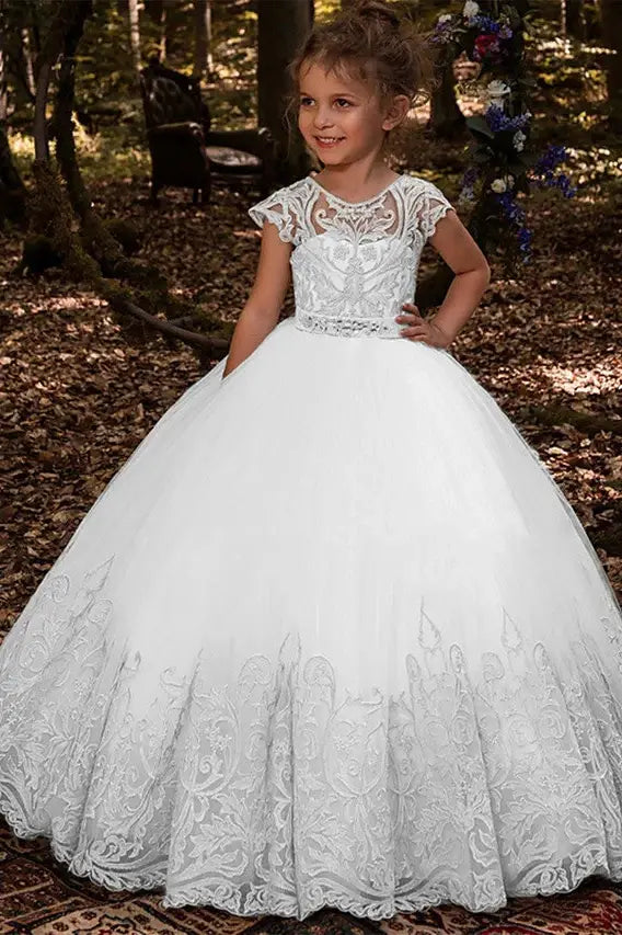 White Capped Ball Gown Tulle Flower Girl Dresses with Appliques