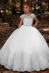 White Capped Ball Gown Tulle Flower Girl Dresses with Appliques