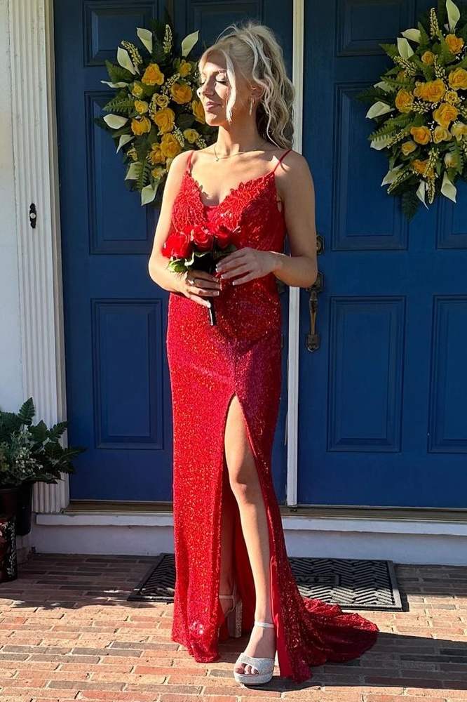 Rerd Sequined Spaghetti Straps Mermaid Party Dresses with Slit