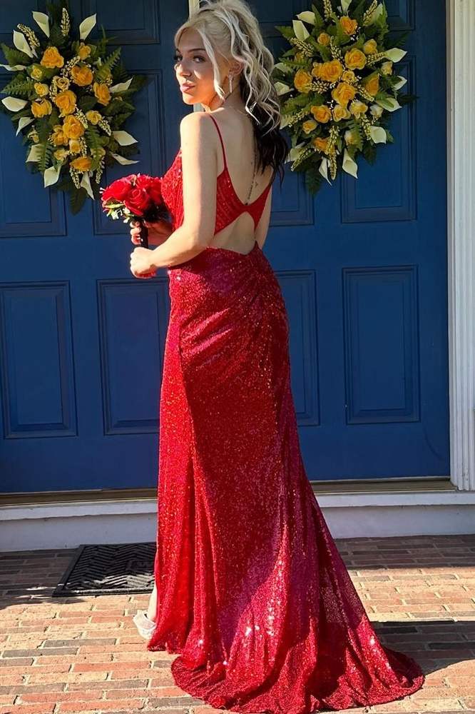 Rerd Sequined Spaghetti Straps Mermaid Party Dresses with Slit