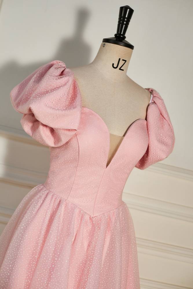 Candy Pink V-Neck Short Sleeves Satin Lace Homecoming Dresses
