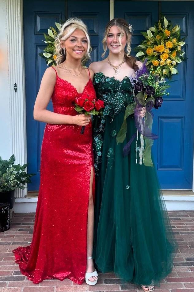 Rerd Sequined Spaghetti Straps Mermaid Party Dresses with Slit