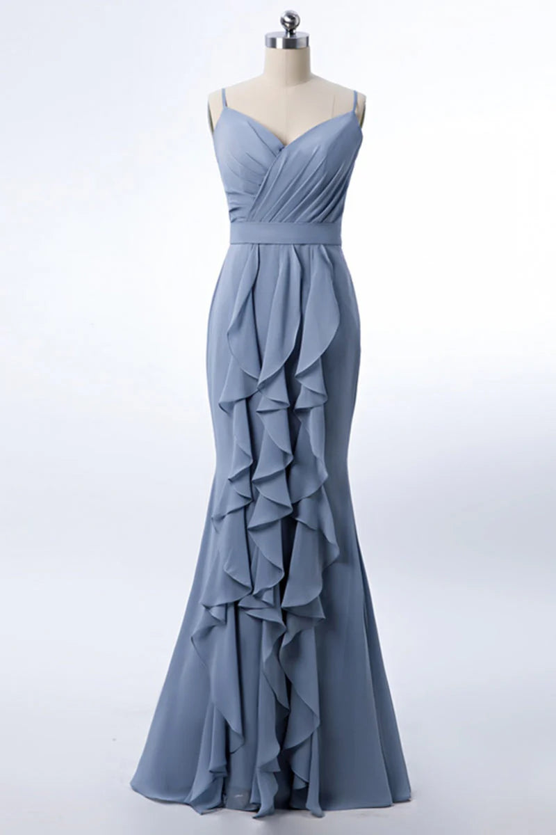 Dusty Blue Floor-Length V-Neck Mermaid Chiffon Bridesmaid Dresses