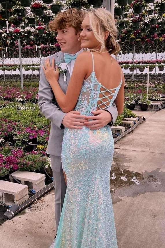 Light Blue V-Neck Mermaid Sequined Sleeveless Prom Dresses