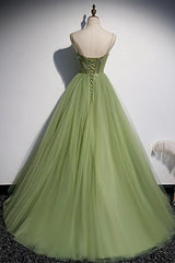 Green Spaghetti Straps A-Line Tulle Formal Prom Dresses with Beads