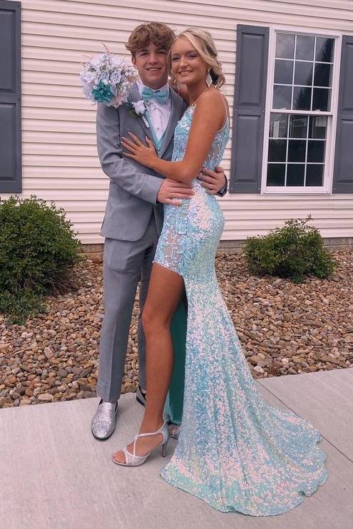 Light Blue V-Neck Mermaid Sequined Sleeveless Prom Dresses