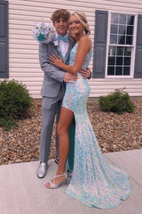 Light Blue V-Neck Mermaid Sequined Sleeveless Prom Dresses