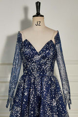 Dark Navy A-Line V-Neck Long Sleeves Tulle Formal Dresses with Sequins