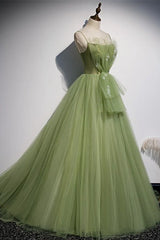 Green Spaghetti Straps A-Line Tulle Formal Prom Dresses with Beads