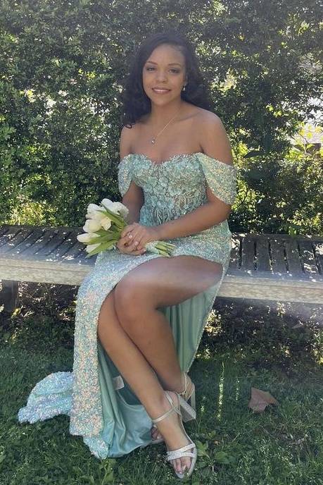 Exquisite Sequined Off-The-Shoulder Mermaid Prom Dresses with Slit