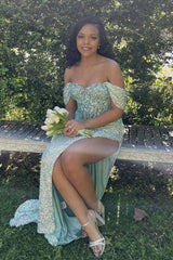 Exquisite Sequined Off-The-Shoulder Mermaid Prom Dresses with Slit
