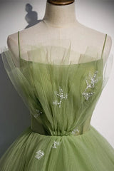 Green Spaghetti Straps A-Line Tulle Formal Prom Dresses with Beads