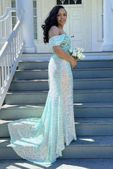 Exquisite Sequined Off-The-Shoulder Mermaid Prom Dresses with Slit