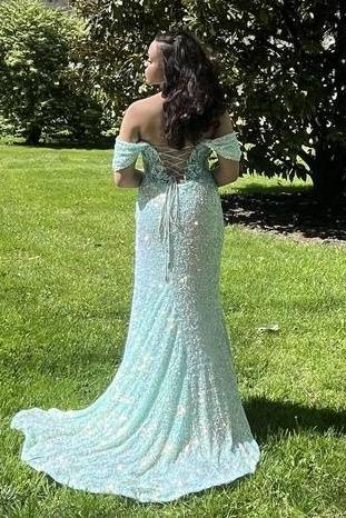 Exquisite Sequined Off-The-Shoulder Mermaid Prom Dresses with Slit