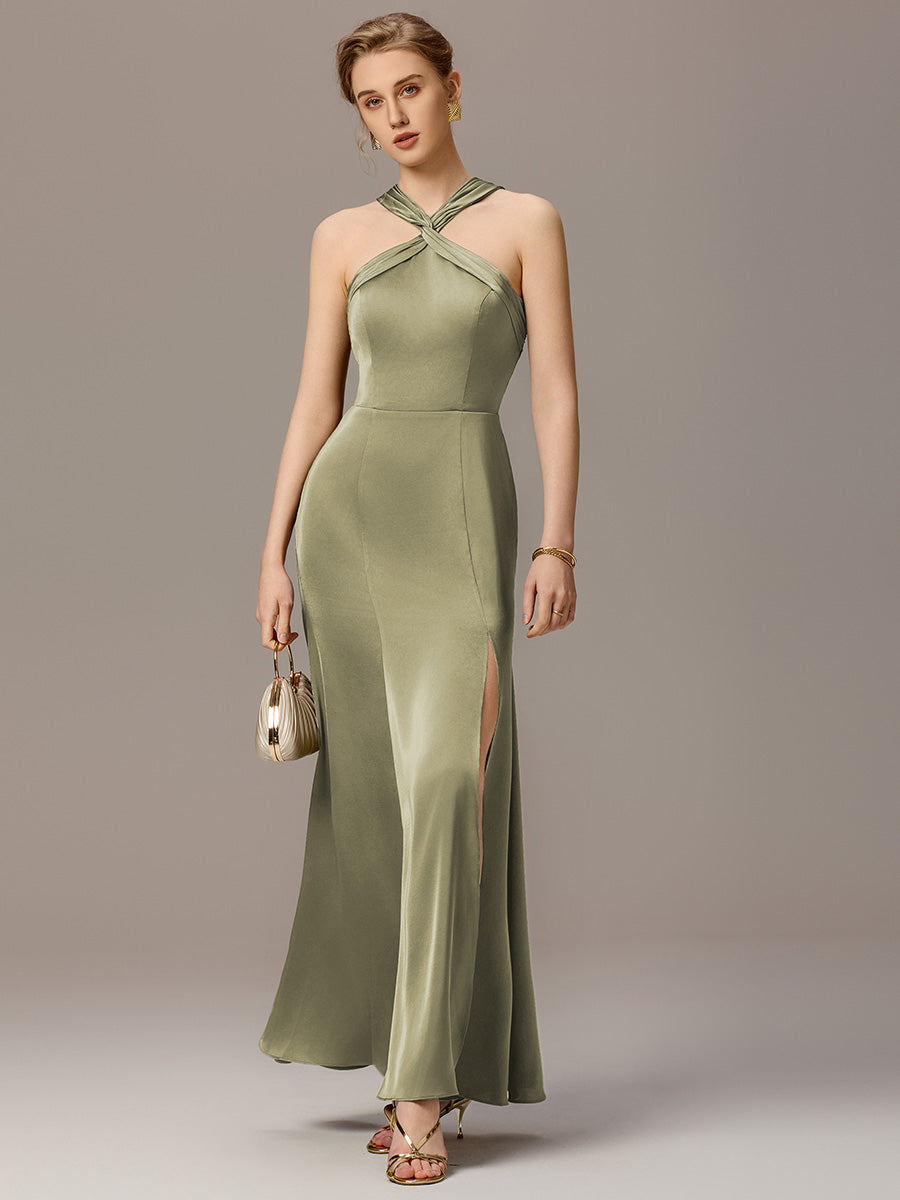 Satin Cross Halter Sleeveless Maxi Bridesmaid Dress #color_Sage Green
