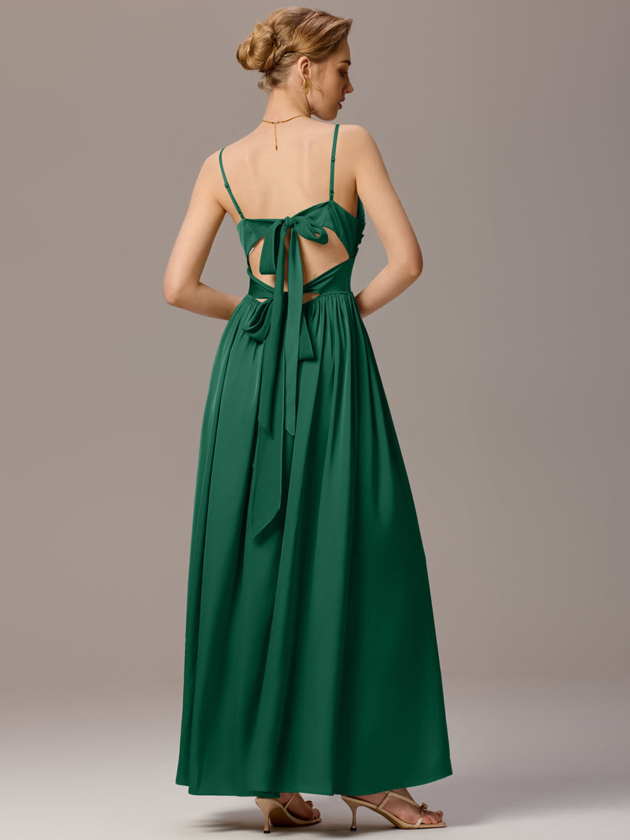 Satin Pleated Back-Tie Sleeveless Maxi Bridesmaid Dress #color_Dark Green