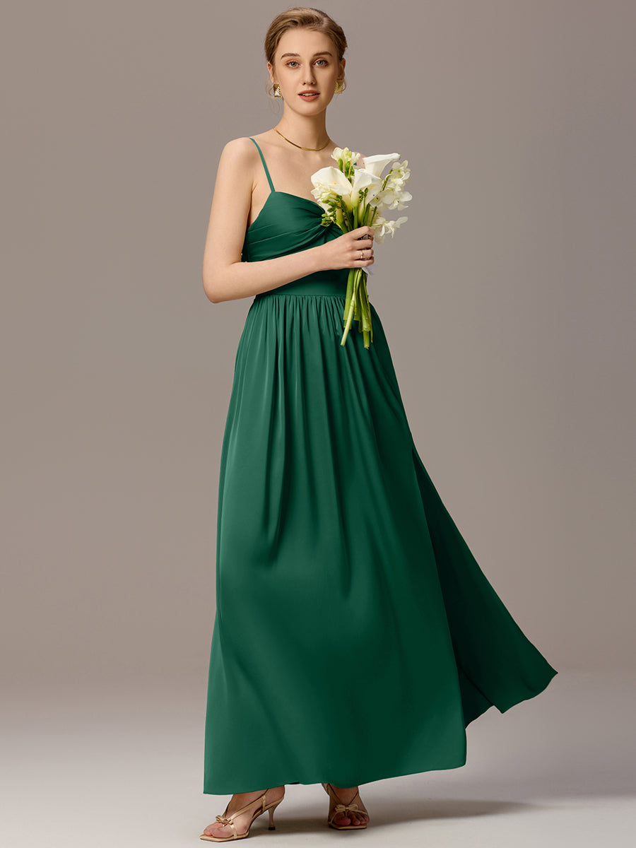 Satin Pleated Back-Tie Sleeveless Maxi Bridesmaid Dress #color_Dark Green