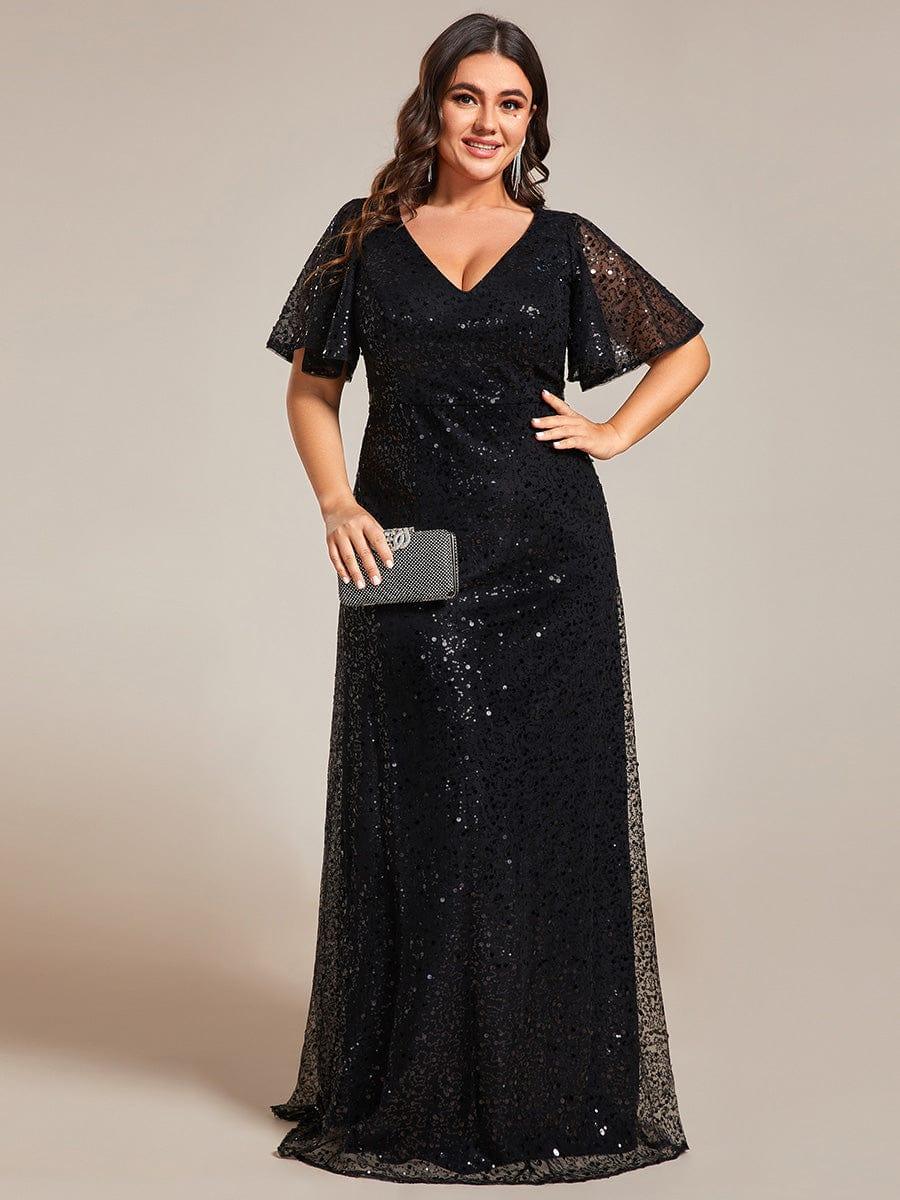 pretty ARIA|Plus Size See-Through Short Sleeves Maxi Sequin Formal Evening Dress