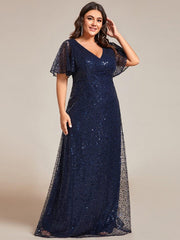 pretty ARIA|Plus Size See-Through Short Sleeves Maxi Sequin Formal Evening Dress