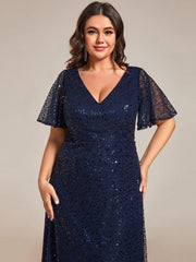 pretty ARIA|Plus Size See-Through Short Sleeves Maxi Sequin Formal Evening Dress