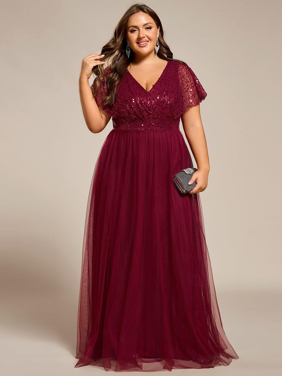pretty NAVEYA|Plus Size Short Sleeves Sequin V-Neck Formal Evening Dress with Tulle