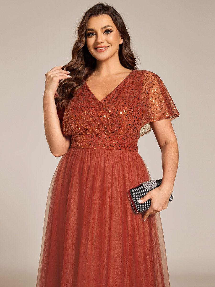 pretty NAVEYA|Plus Size Short Sleeves Sequin V-Neck Formal Evening Dress with Tulle