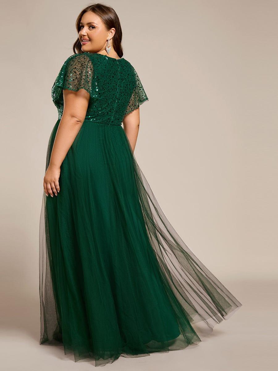 pretty NAVEYA|Plus Size Short Sleeves Sequin V-Neck Formal Evening Dress with Tulle