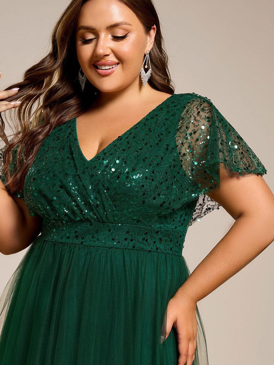 pretty NAVEYA|Plus Size Short Sleeves Sequin V-Neck Formal Evening Dress with Tulle