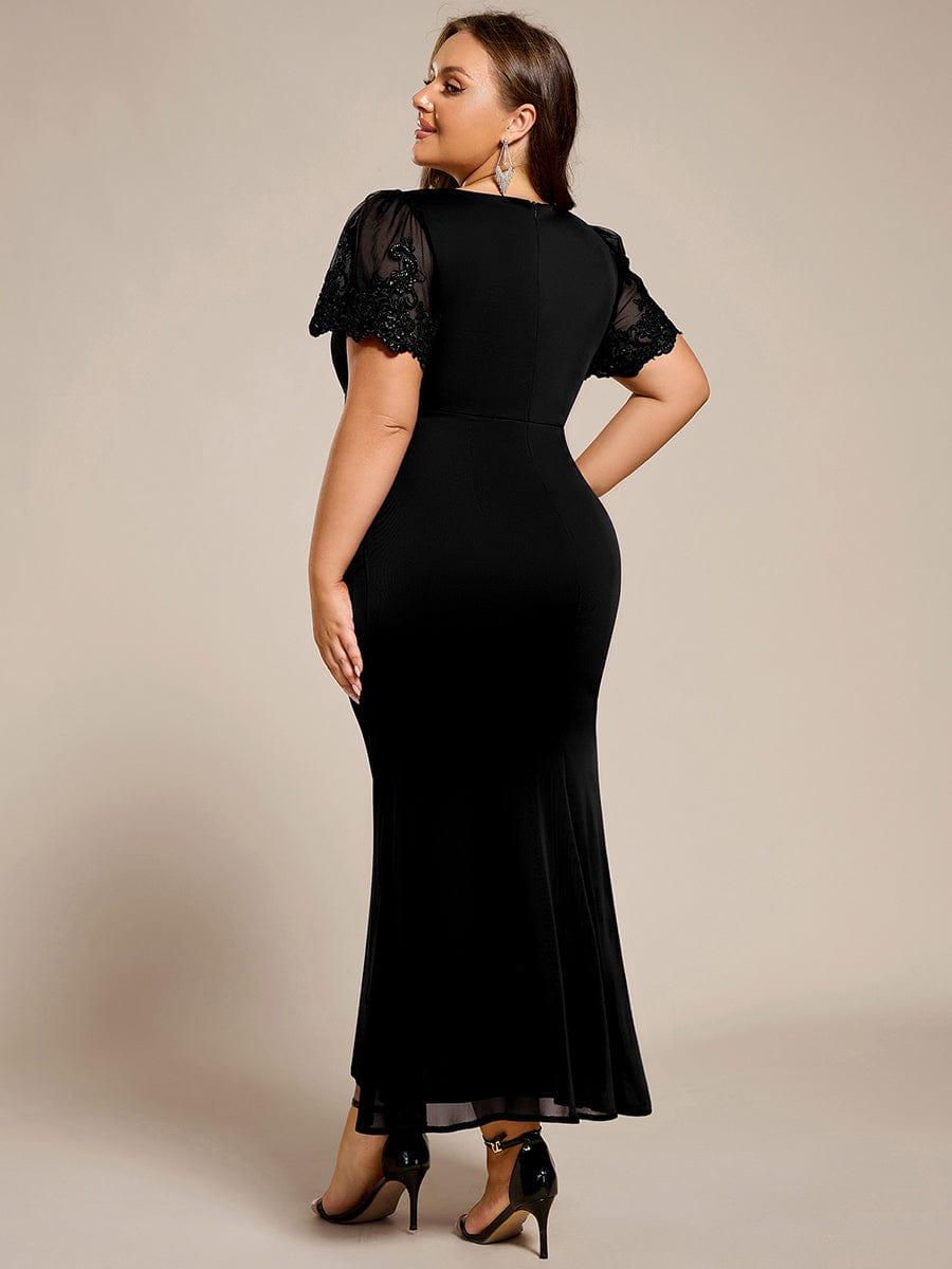 pretty CLEO|Plus Size Short Sleeve Fishtail V-Neck Beaded Formal Dress