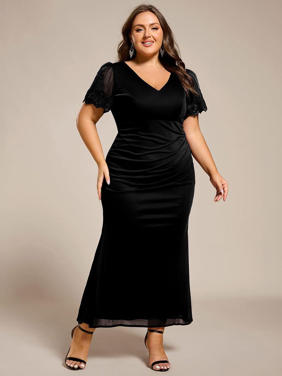 pretty CLEO|Plus Size Short Sleeve Fishtail V-Neck Beaded Formal Dress