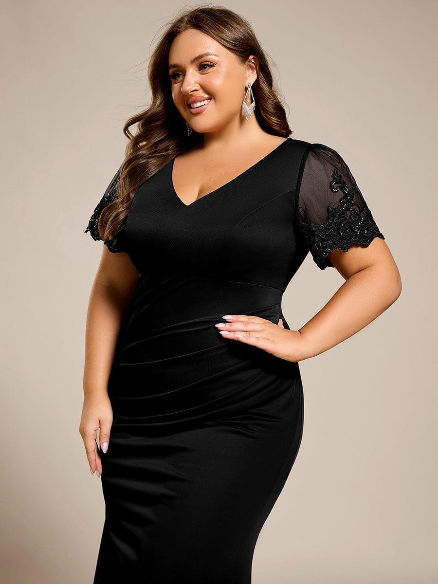 pretty CLEO|Plus Size Short Sleeve Fishtail V-Neck Beaded Formal Dress
