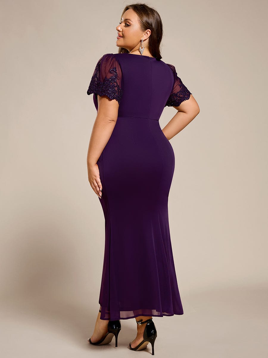 pretty CLEO|Plus Size Short Sleeve Fishtail V-Neck Beaded Formal Dress