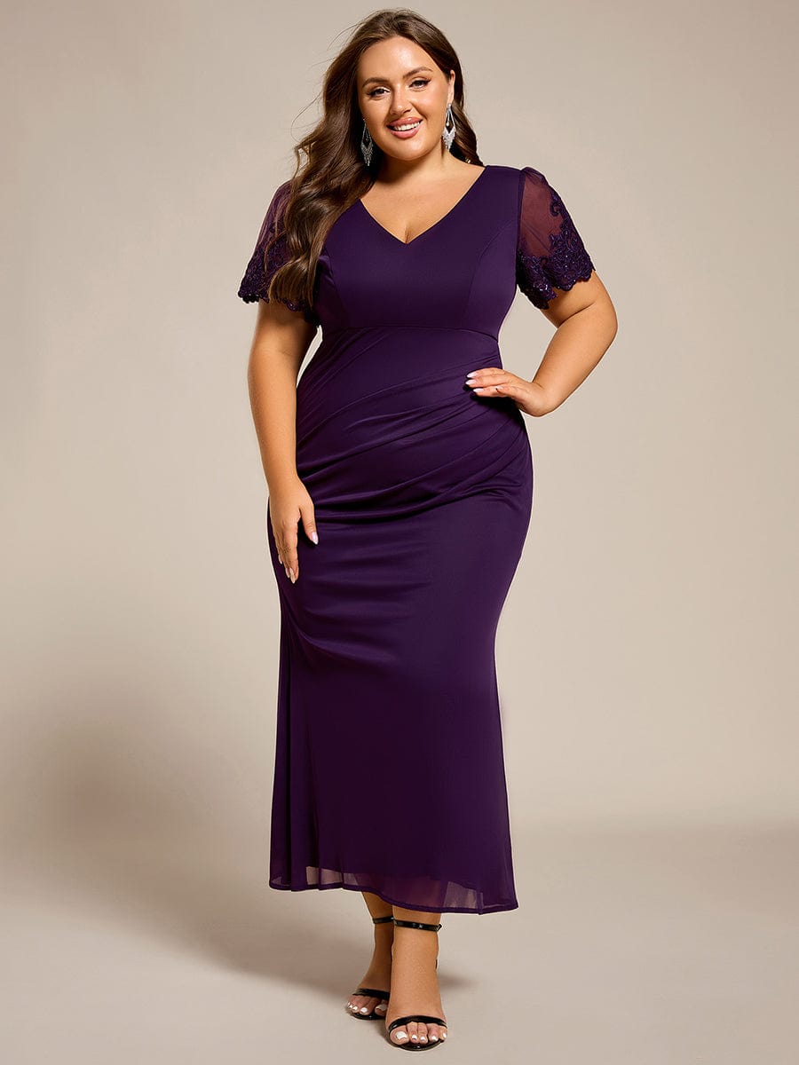 pretty CLEO|Plus Size Short Sleeve Fishtail V-Neck Beaded Formal Dress
