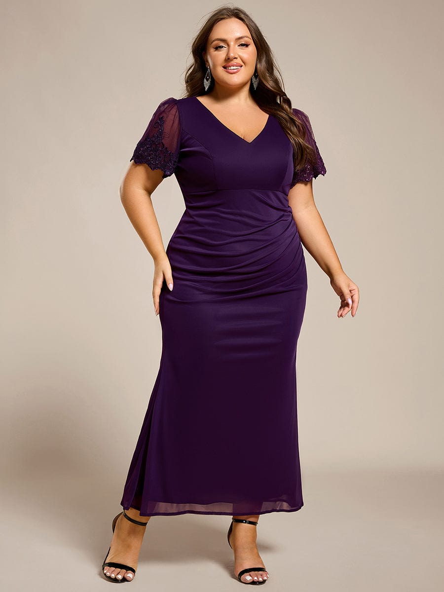 pretty CLEO|Plus Size Short Sleeve Fishtail V-Neck Beaded Formal Dress