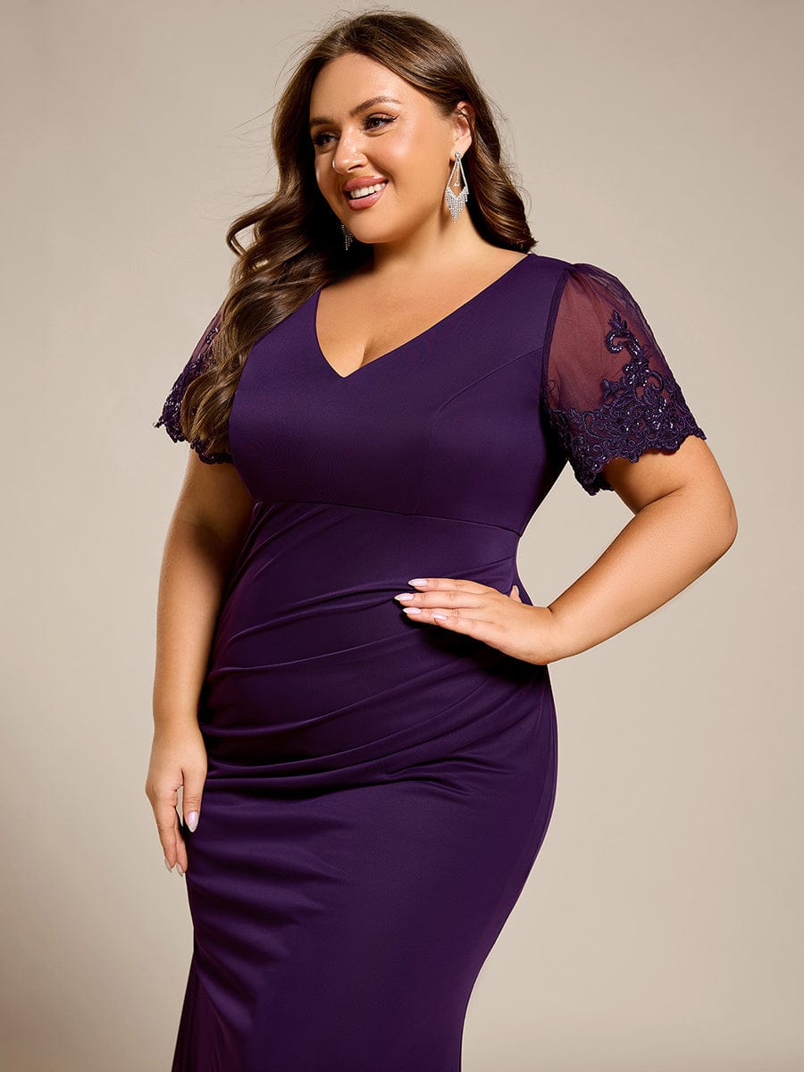 pretty CLEO|Plus Size Short Sleeve Fishtail V-Neck Beaded Formal Dress