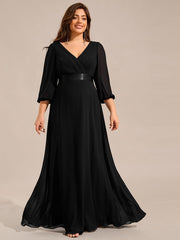 pretty OLIVIA|Plus Size Empire Waist Pleated Chiffon Long Sleeves Formal Evening Dress