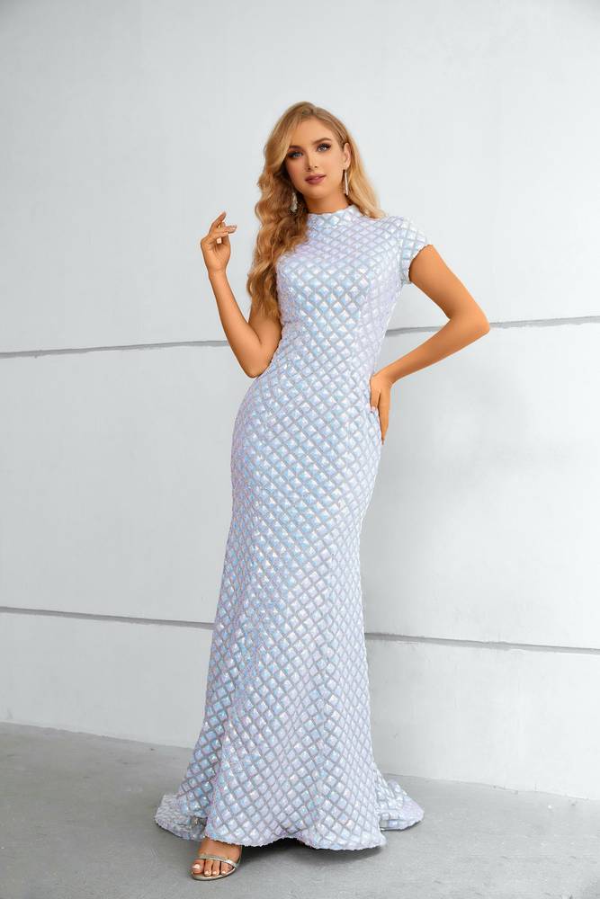 Mermaid Long High Neck Cap Sleeves Formal  Dresses